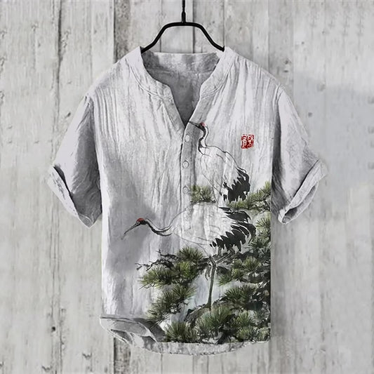 Fashion Men's Retro Line Shirt Men's Vacation Short Sleeve Shirt Loose Street Hip Hop Beach Casual Shirt 100% Line