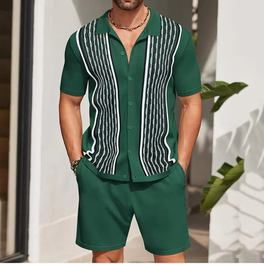 Summer New Men's Jacquard Sweater Two-Piece Suit Retro Casual Fashion Trend Simple Loose Breathable Seaside Vacation Men's Set