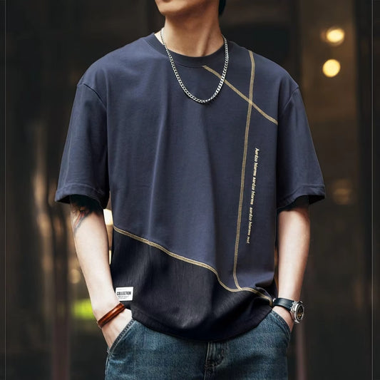 American Style Design Sense Spliced short-sleeved T-shirt for Men Summer Loose Casual Trend Round Neck Niche T-shirt for Men