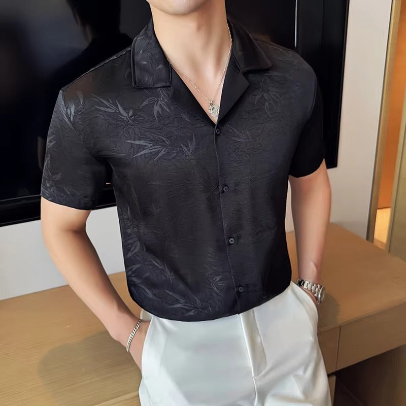 Summer Cuban Collar Personalized Jacquard Shirt for Men Thin Design Silky and Flowing Printed Short Sleeved Shirt 100% Polyester