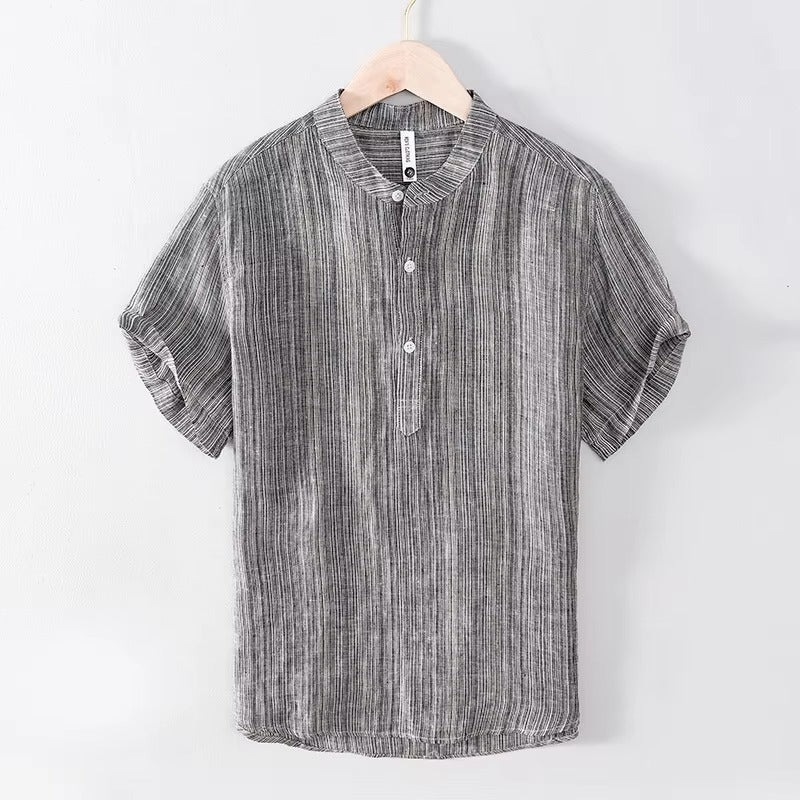 Men's Summer Linen Henley Neck T-Shirt Striped Retro Relaxed Fit Breathable Lightweight Short Sleeve Beach Vacation Shirt Man
