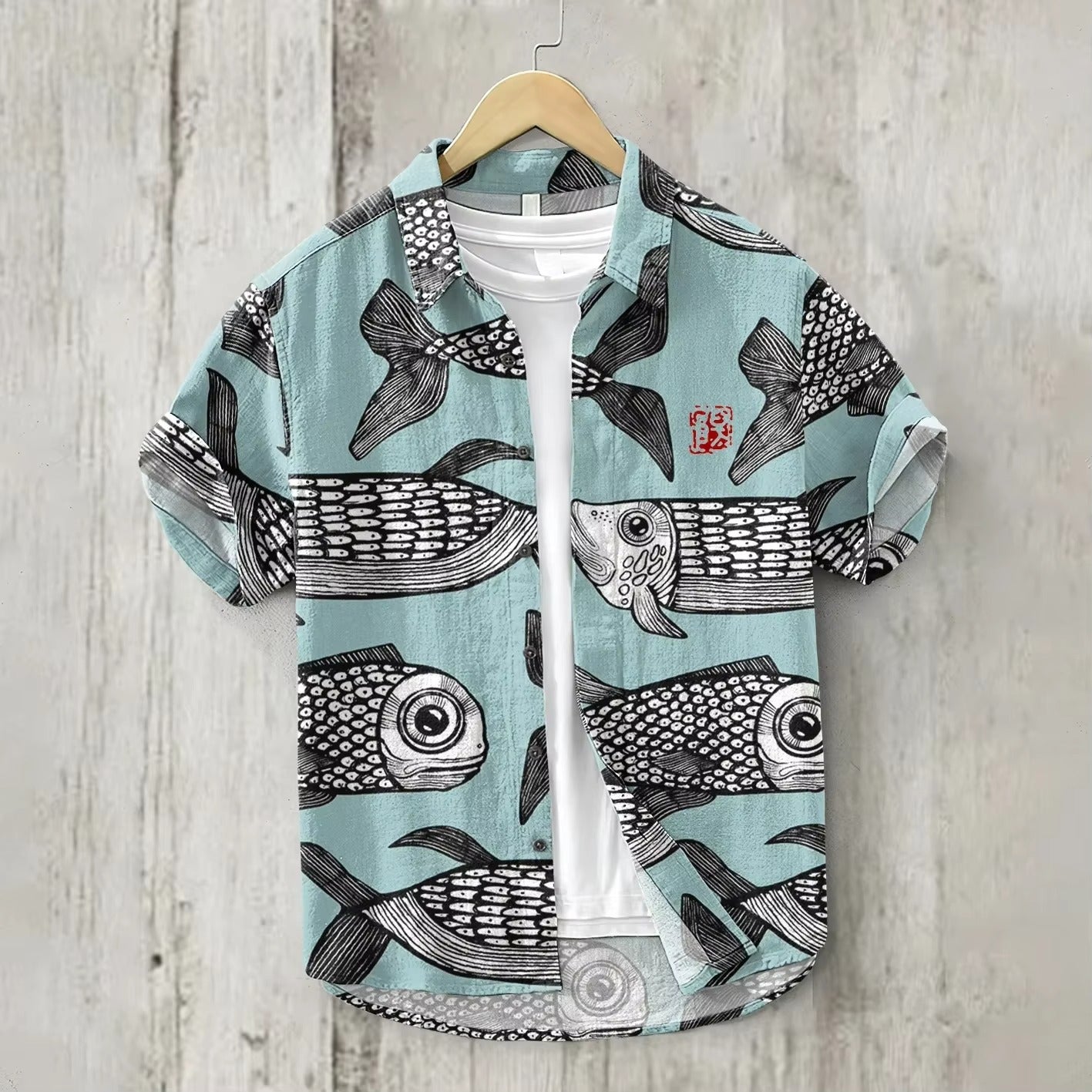 Men's linen shirt fish pattern fashionable casual Hawaiian men's linen shirt HD 100% linen short sleeve large size fast shipping