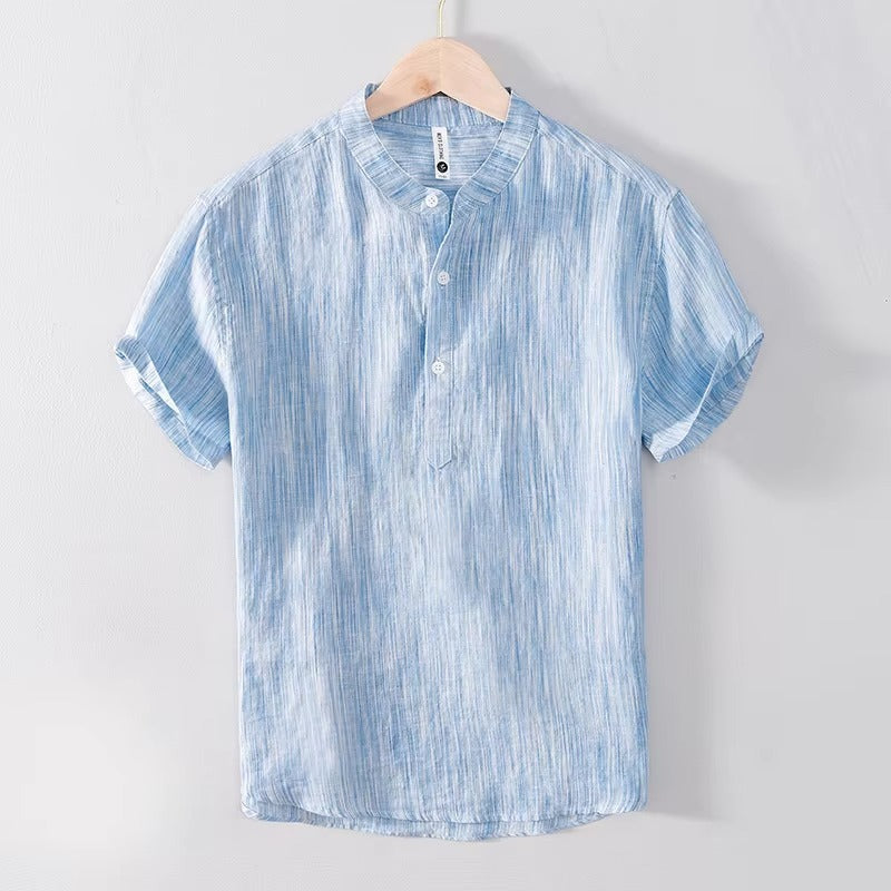 Men's Summer Linen Henley Neck T-Shirt Striped Retro Relaxed Fit Breathable Lightweight Short Sleeve Beach Vacation Shirt Man