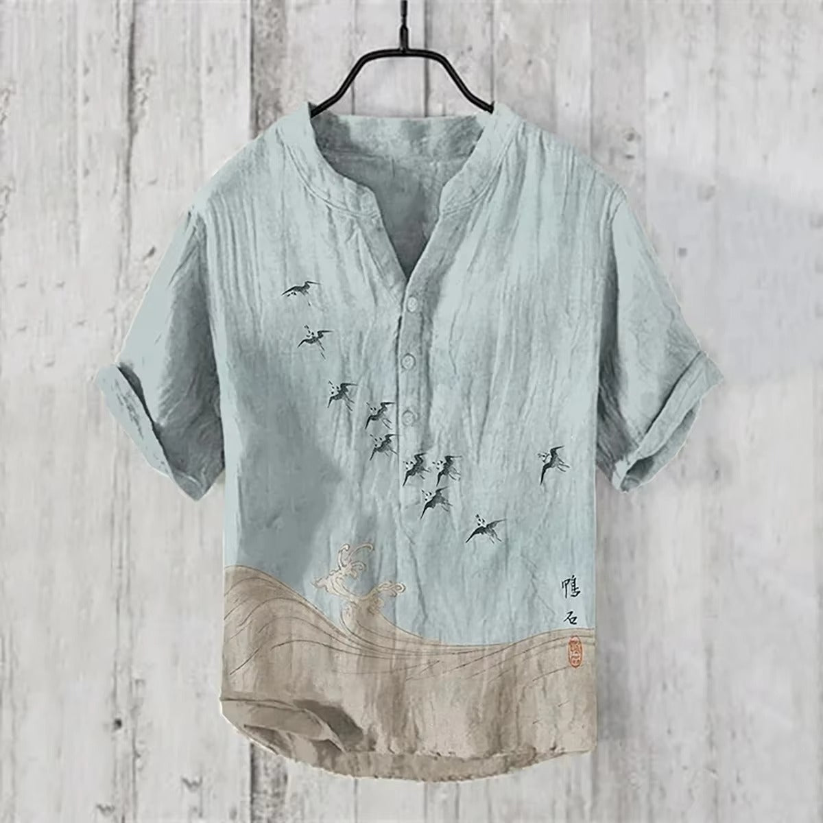 Fashion Men's Retro Line Shirt Men's Vacation Short Sleeve Shirt Loose Street Hip Hop Beach Casual Shirt 100% Line