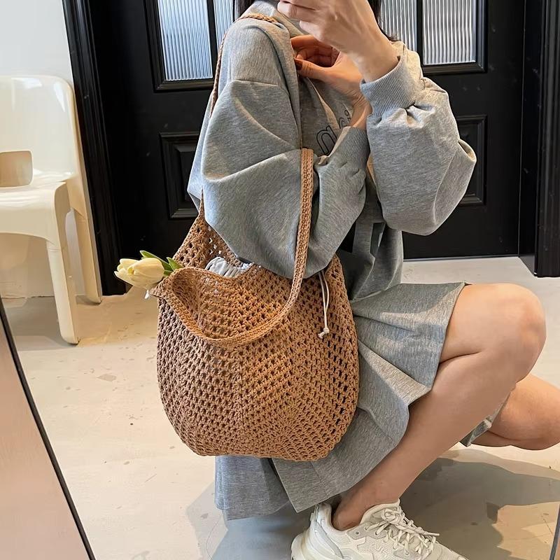 2025 Latest Summer Beach Straw Woven Tote Bag For Women 2-IN-1 Hollow-out Lightweight Large Capacity Shopper Shoulder Bag Female