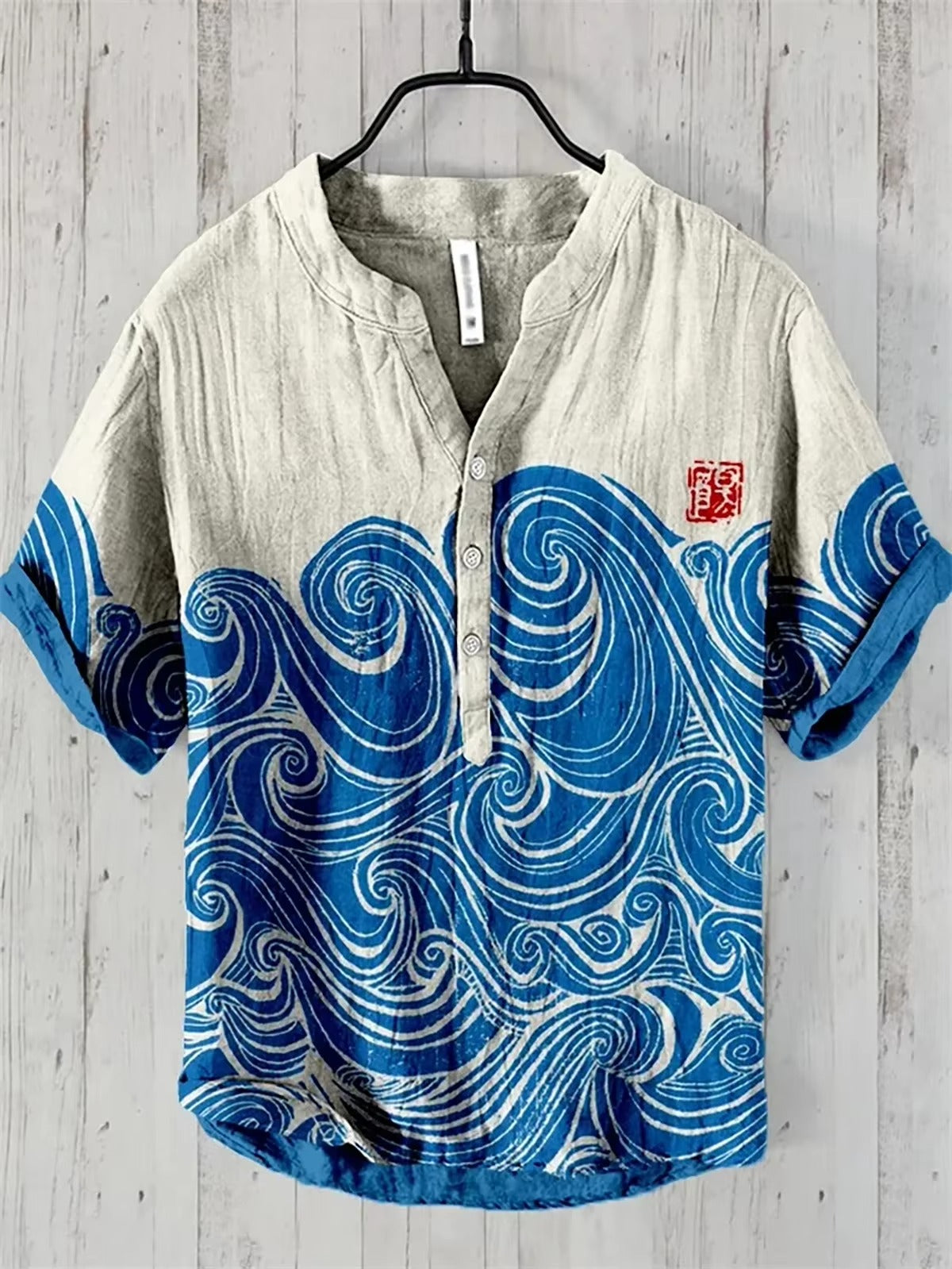 Fashion Men's Retro Line Shirt Men's Vacation Short Sleeve Shirt Loose Street Hip Hop Beach Casual Shirt 100% Line